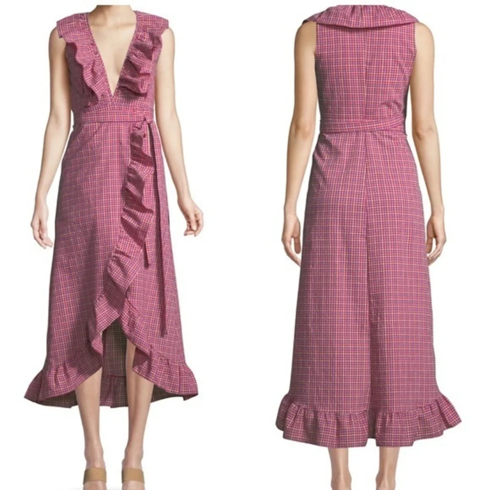 NWT Anthropologie Misa Los Angeles Stella Plaid Ruffle Women Midi Dress XS Pink